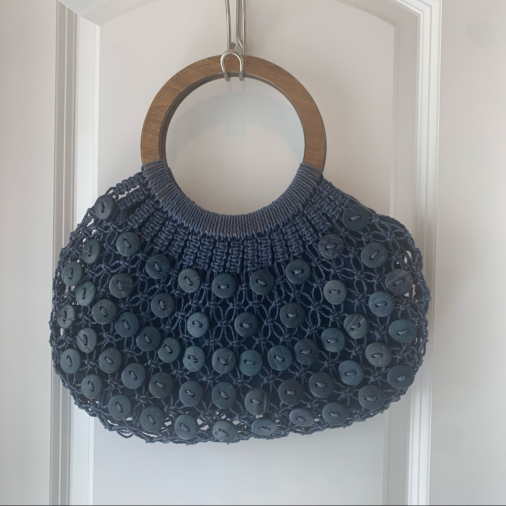 Navy blue vintage purse with wooden handles